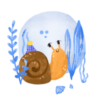 Composition with a snail on the seabed with algae and corals. Cute hand drawn illustration on isolated background png
