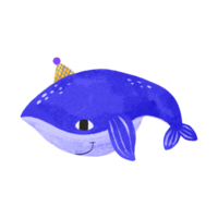 submarino mundo. criança ilustração do uma azul baleia dentro uma festa boné a comemorar uma aniversário. profundo embaixo da agua. Oceânia. crianças mão desenhado desenho animado ilustração em isolado fundo png
