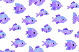 Seamless pattern with cartoon blue fish. Deep underwater. Children's hand drawn illustration on isolated background png