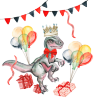 Watercolor hand drawn tropical cute dinosaurs birthday composition. png