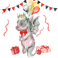 Watercolor hand drawn tropical cute dinosaurs birthday composition. png