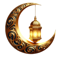 Golden Ramadan lantern hanging on a golden moon for Eid isolated on a transparent background png