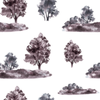 landschap patroon met veld, weide, struiken, bomen, heuvels naadloos patroon. waterverf monochromatisch wijnoogst landelijk natuur clip art voor verpakking etiket hand- trek illustratie achtergrond png