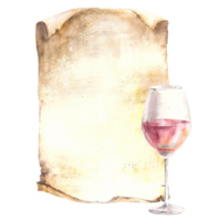 glas van roos wijn, drinken tegen oud papyrus blad, wijnoogst papier achtergrond, menu, wijn lijst. wijn maken sjabloon voor flyers, kaart. waterverf hand- trek voedsel illustratie png