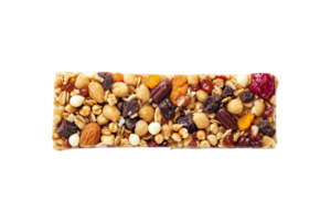 A granola bar with a mix of oats, nuts, and dried fruits isolated on transparent background, png