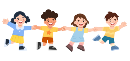 Happy children holding hands cartoon illustration png