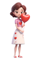 3d rendering cartoon woman character holding heart shaped balloon for mother's day png