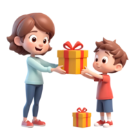 3d representación dibujos animados pequeño chico dando un regalo a su mamá png