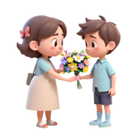 3d rendering cartoon little boy giving bouquet of flowers to his mom png