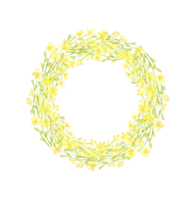 Yellow flowers small field frame wreath watercolor illustration. Summer meadow with floral print and wildflowers. Isolated from the background. For designing cards, invitations, wedding decor, png