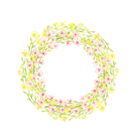 Flowers wreath - small pink and yellow frame watercolor illustration. Summer meadow with floral print and wildflowers. Isolated from the background. For designing cards, invitations, wedding decor, png