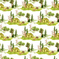 Zelt auf ein Grün Clearing im das Wald Muster Aquarell Illustration. Wald Tierwelt Szene mit Zelt, Grün Gras, Bäume und Gebüsch. isoliert von das Hintergrund. zum das Design von Kompositionen png