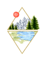 natürlich Landschaft Diamant Rahmen Aquarell Illustration. Wald Tierwelt Szene mit Grün Gras, Nadelbaum Bäume, Berge, Teich und rot Sonne. zum komponieren Kompositionen auf das Thema von Wälder png