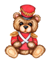Teddy bear is a military hussar in a red dress uniform. Toy soldier, fairy tale nutcracker isolated from background. For holiday design, military parade, cards, posters, banners, toys, souvenirs png