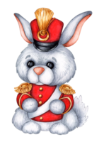 Bunny military hussar in red dress uniform. Toy soldier, fairy tale nutcracker, isolated from background. For holiday decoration, military parade, cards, posters, banners, toys, souvenirs. png