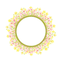 Flowers - small pink and yellow frame wreath watercolor illustration. Summer meadow floral print element with wildflowers. Isolated from the background. For design cards, invitations, wedding decor, png