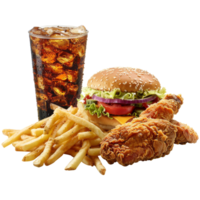 Junk food, burgers, fried chicken, fries, and a glass of soda. Transparent background, suitable for design elements png