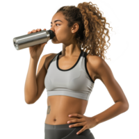 Female athlete drinking from bottle, on transparent background png