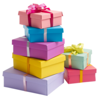 Stack of brightly colored gift boxes, on a transparent background png