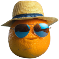 Fresh orange wear sunglasses and summer hat, transparent background png