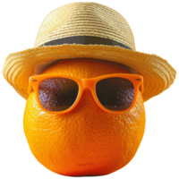 Fresh orange wear sunglasses and summer hat, transparent background png