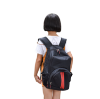 asiatisk liten flicka med stor ryggsäck isolerat på transparent bakgrund. tillbaka till skola begrepp. png