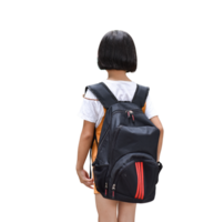 asiático pequeño niña con grande mochila aislado en transparente antecedentes. espalda a colegio concepto. png