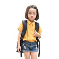 asiatique peu fille avec gros sac à dos isolé sur transparent Contexte. retour à école concept. png