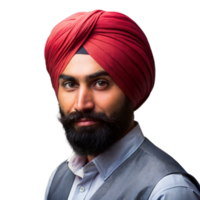 portrait de une sur de soi barbu homme portant une rouge turban et gris costume png