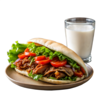 fraîchement préparé tiré porc Pita sandwich avec salade et tomate, servi avec une verre de Lait png