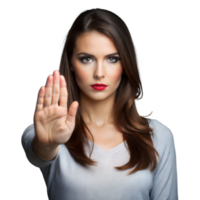 déterminé femme faire des gestes Arrêtez avec main dans une décontractée réglage png