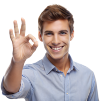Jeune homme dans bleu chemise fabrication d'accord signe avec main sur transparent Contexte png