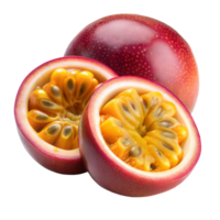 fermer vue de une mûr passion fruit tranché dans moitié contre une transparent Contexte png