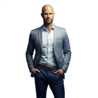 Confident Bald Man in Grey Suit Posing With Hands in Pockets on Transparent Background png