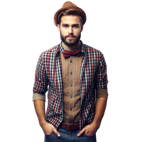 Stylish Young Man in Plaid Shirt, Bow Tie, and Fedora Posing in Studio png