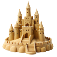 majestoso Castelo de Areia com múltiplo torres e detalhado arquitetura isolado em transparente fundo png