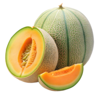 frisch Cantaloup-Melone Melone angezeigt mit ein saftig Scheibe und Keil auf transparent Hintergrund png