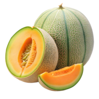 fresco Cantalupo Melão exibido com uma suculento fatia e cunha em transparente fundo png