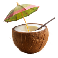 Fresh Coconut Drink Adorned With a Colorful Umbrella and Straw png