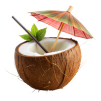 Fresh Coconut Drink Adorned With a Cocktail Umbrella and Straw png