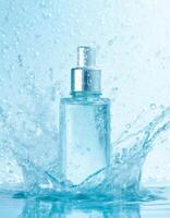 Glass cosmetic bottle with abstract water splash blue background for banner photo