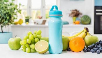 Sport drink bottle mockup with fruits on table, kitchen background photo