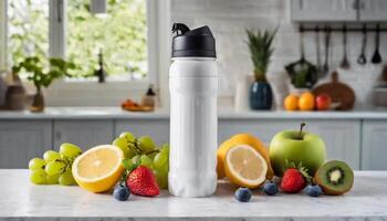 Sport drink bottle mockup with fruits on table, kitchen background photo