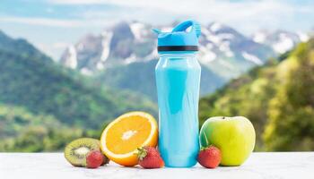 Bosquejo deporte bebida botella con frutas en montañas fondo, salud concepto en naturaleza foto