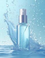 Glass cosmetic bottle with abstract water splash blue background for banner photo