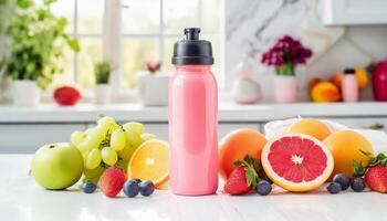 Sport drink bottle mockup with fruits on table, kitchen background photo