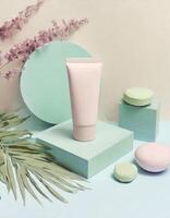 Minimalist design and uncluttered, sophisticated composition in pastel colors background, mock up for cosmetic product photo