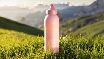 botella de deporte bebida en césped, naturaleza fondo, salud vida concepto foto