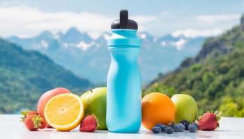 Bosquejo deporte bebida botella con frutas en montañas fondo, salud concepto en naturaleza foto