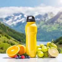 Bosquejo deporte bebida botella con frutas en montañas fondo, salud concepto en naturaleza foto